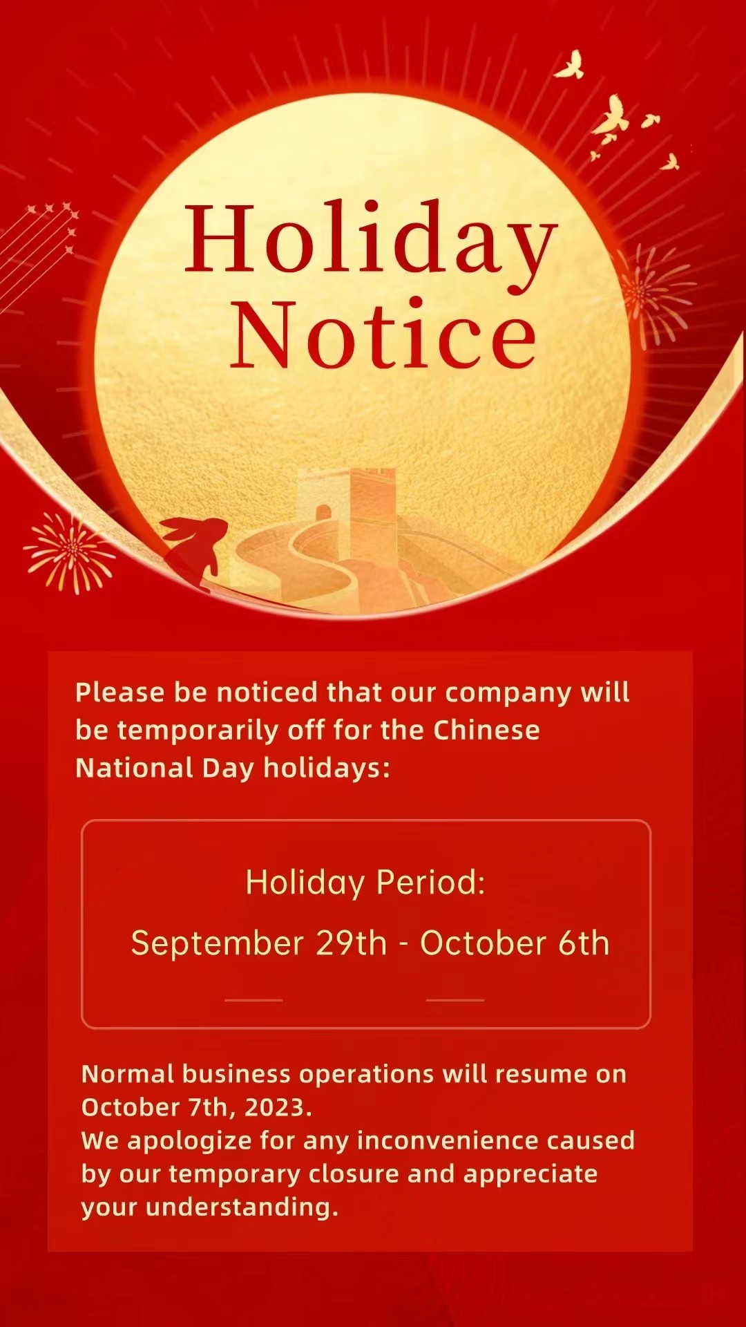Aviso de feriado do Dia Nacional da China de 2023