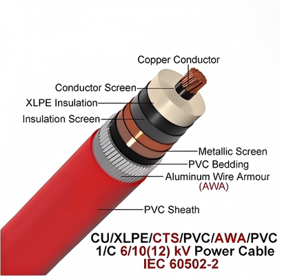 6/10kv Com núcleo de cobre único, fio de alumínio, cabo blindado CU/XLPE/CTS/PVCAWA/PVC 1x630mm2 IEC60502-2